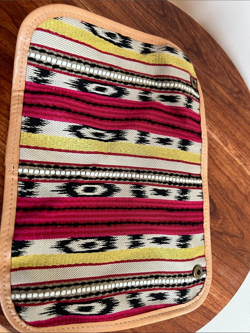 Carven southwestern leather trimmed Woven Crossbody Tan Trim adjusting strap